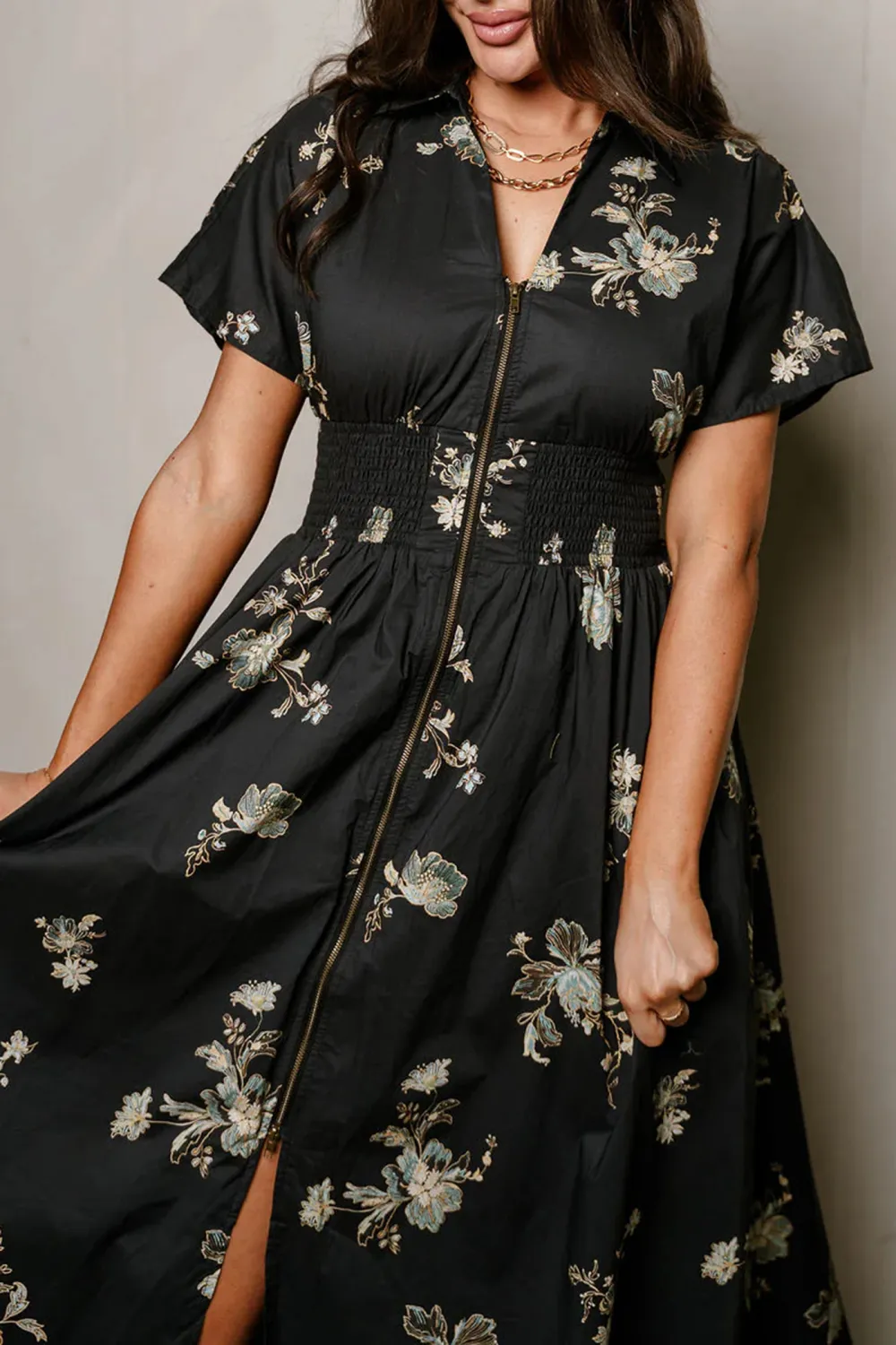 Smocked Zip Up Floral Dress