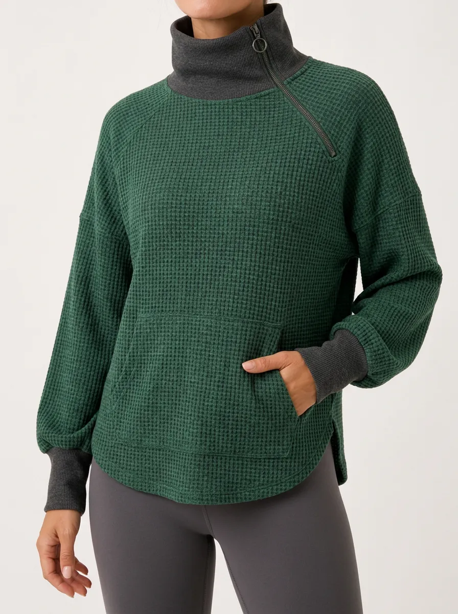 Women's Green Waffle Knit Asymmetric Zip Mock Neck Top