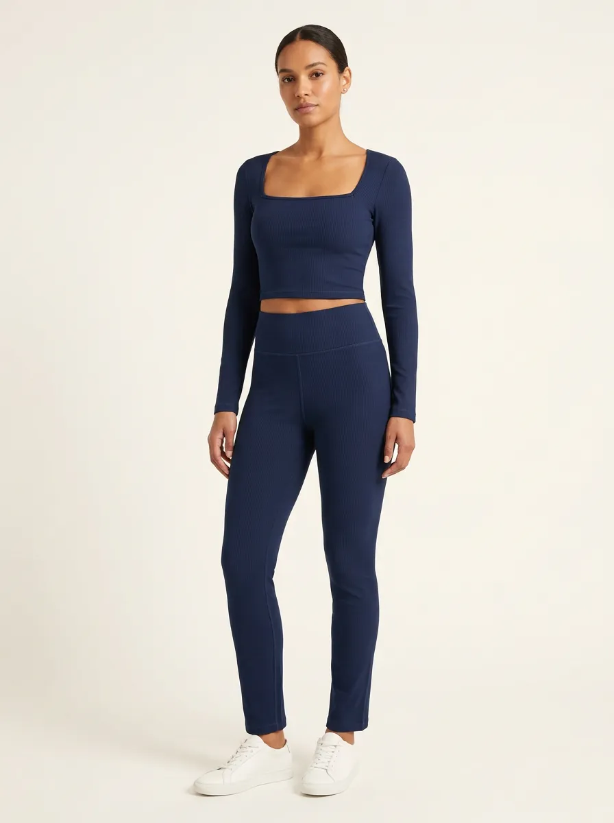Women's Ribbed Square-Neck Crop Top and Tapered Legging Set