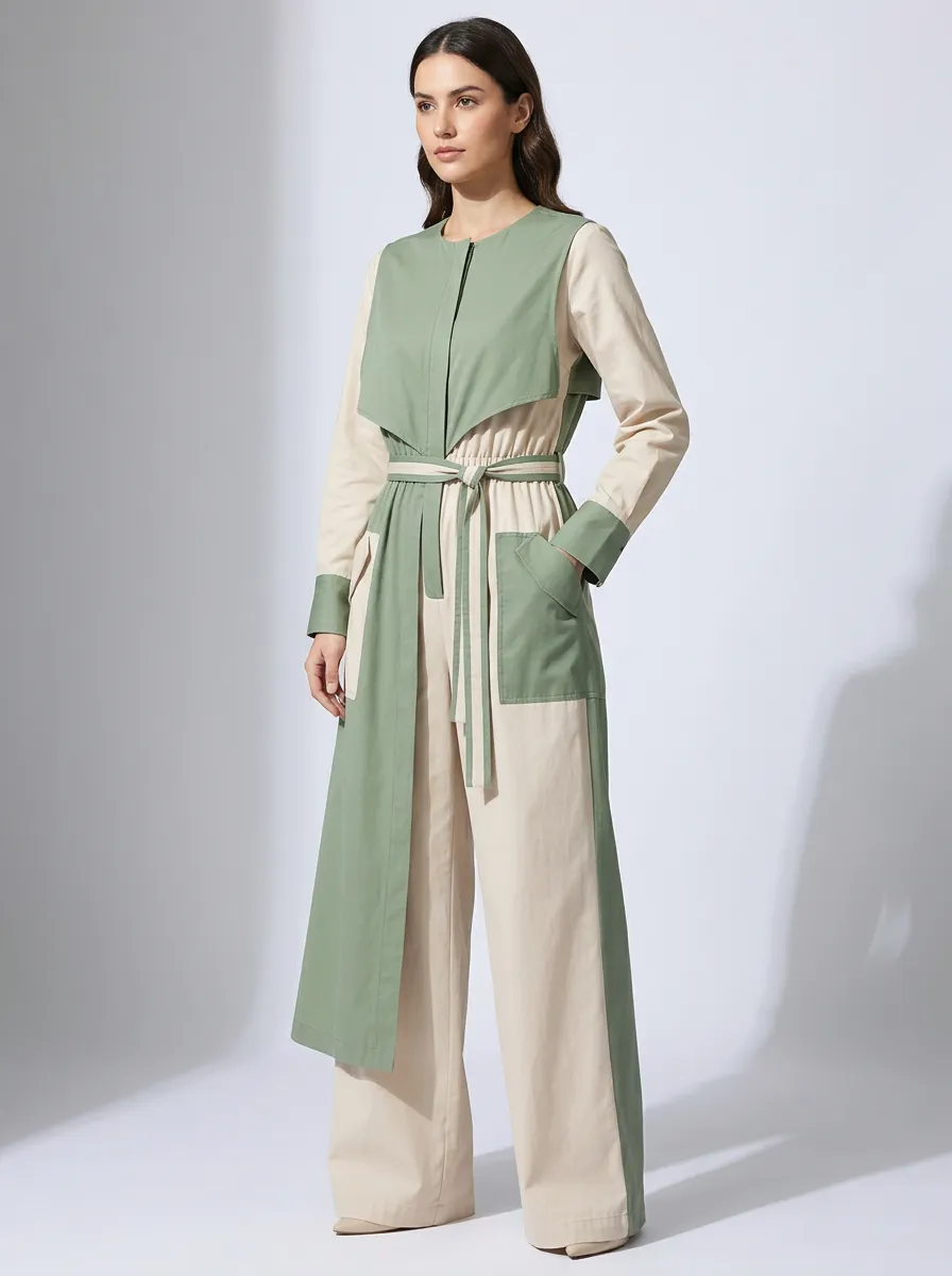 Women's Sage Green Beige Colorblock Belted Jumpsuit