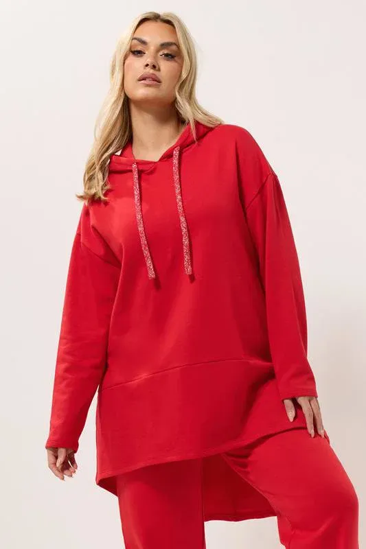 Red Metallic Drawstring Longline Hoodie