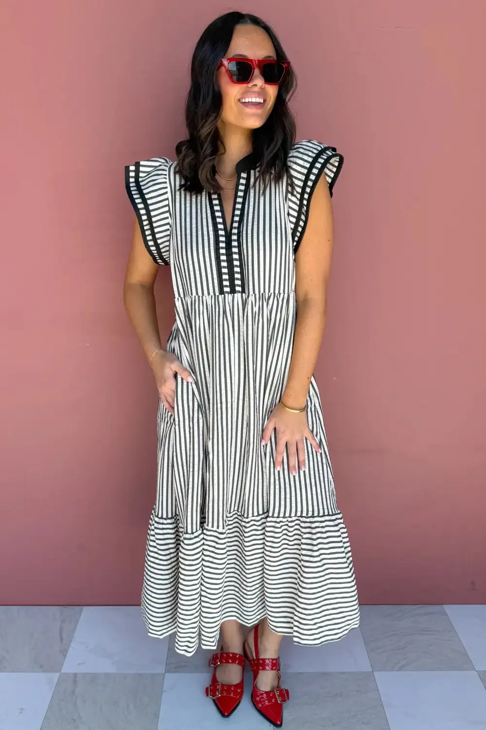 Striped V Neck Tiered Maxi Dress