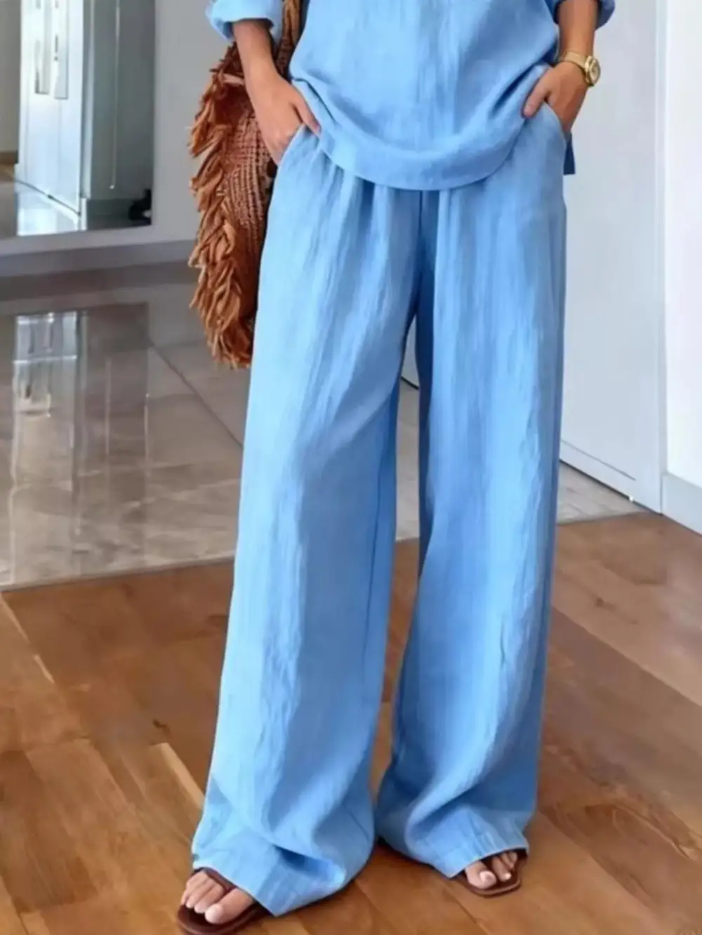 V Neck Top and Wide Leg Pants Set