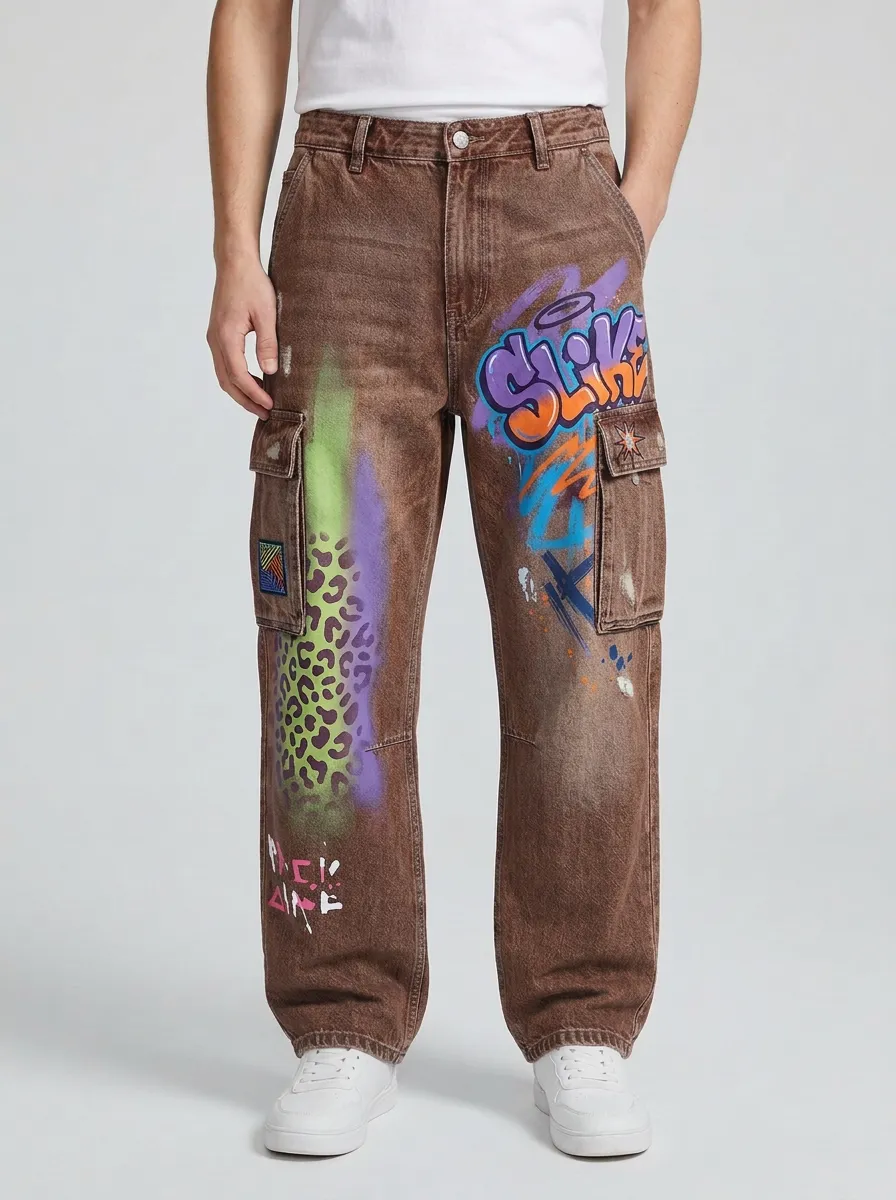 Men's Streetwear Graffiti Leopard Print Graphic Cargo Jeans
