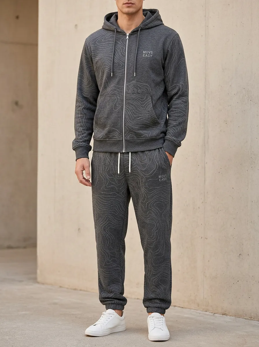 Men's Topographic Pattern Printed Zip-Up Hoodie Jogger Set