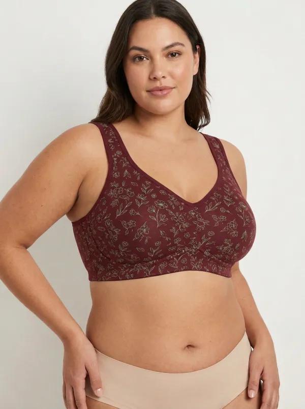 Women's Plus Size Beige Floral Outline Full-Coverage V-Neck Wireless Bralette