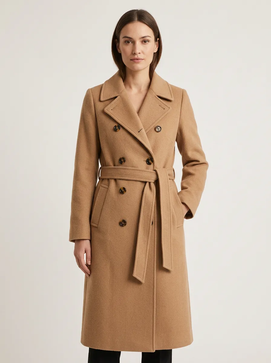 Women's Willow Camel Double-Breasted Belted Wool Blend Trench Coat