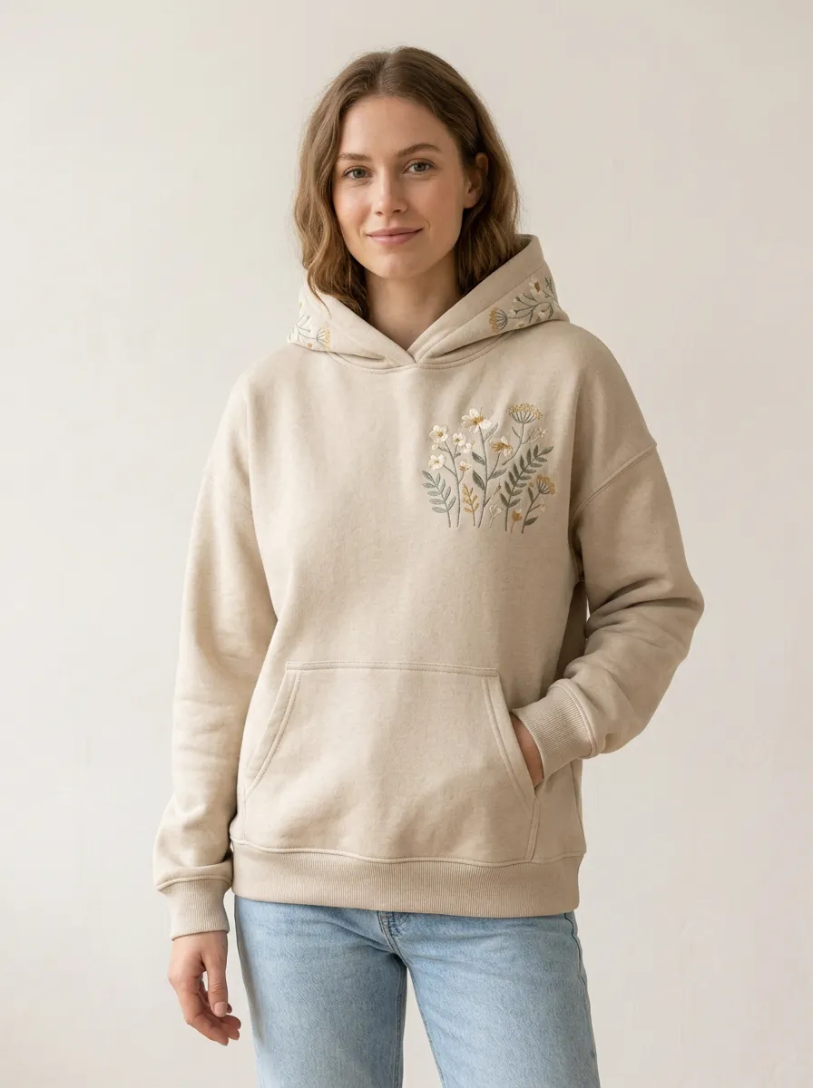 Leisure Comfort Women's Botanical Wildflower Embroidered Graphic Nature Inspired Hoodie