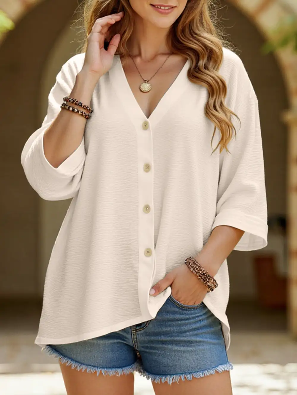 V-Neck Button Tee Cardigan Top