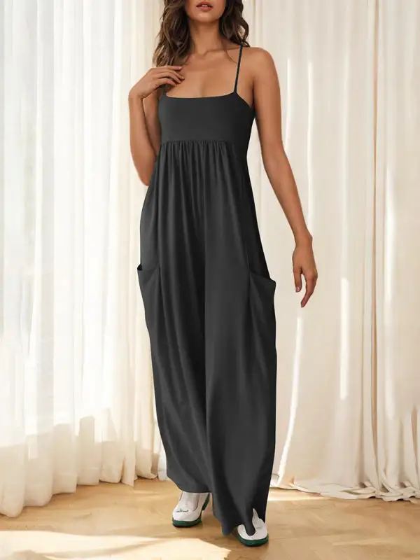 Casual Suspender Sleeveless Square Neck Wide Jumpsuit