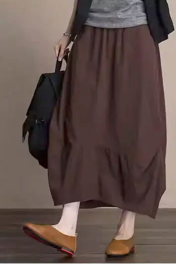 Classic Linen Cotton Elastic Waist Midi Skirt