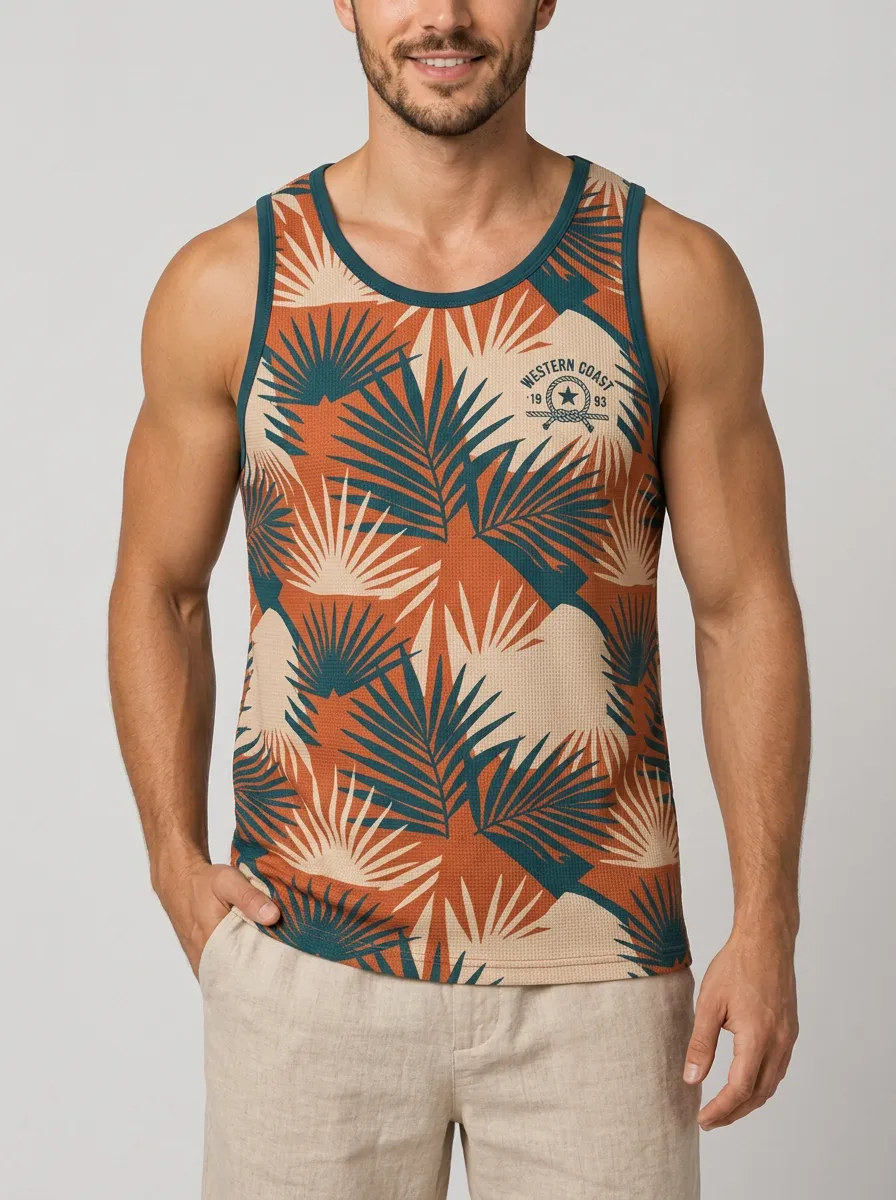 Men's Western Coast Tropical Palm Leaf Printed Tank Top