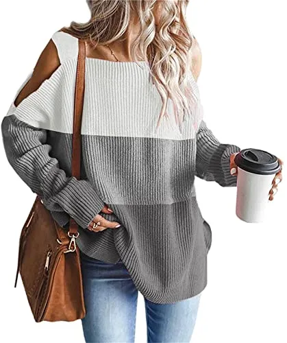 Women's Cold Shoulder Oversized Sweaters Batwing Long Sleeve Square Neck Chunky Knit Fall Tunic Sweater Tops