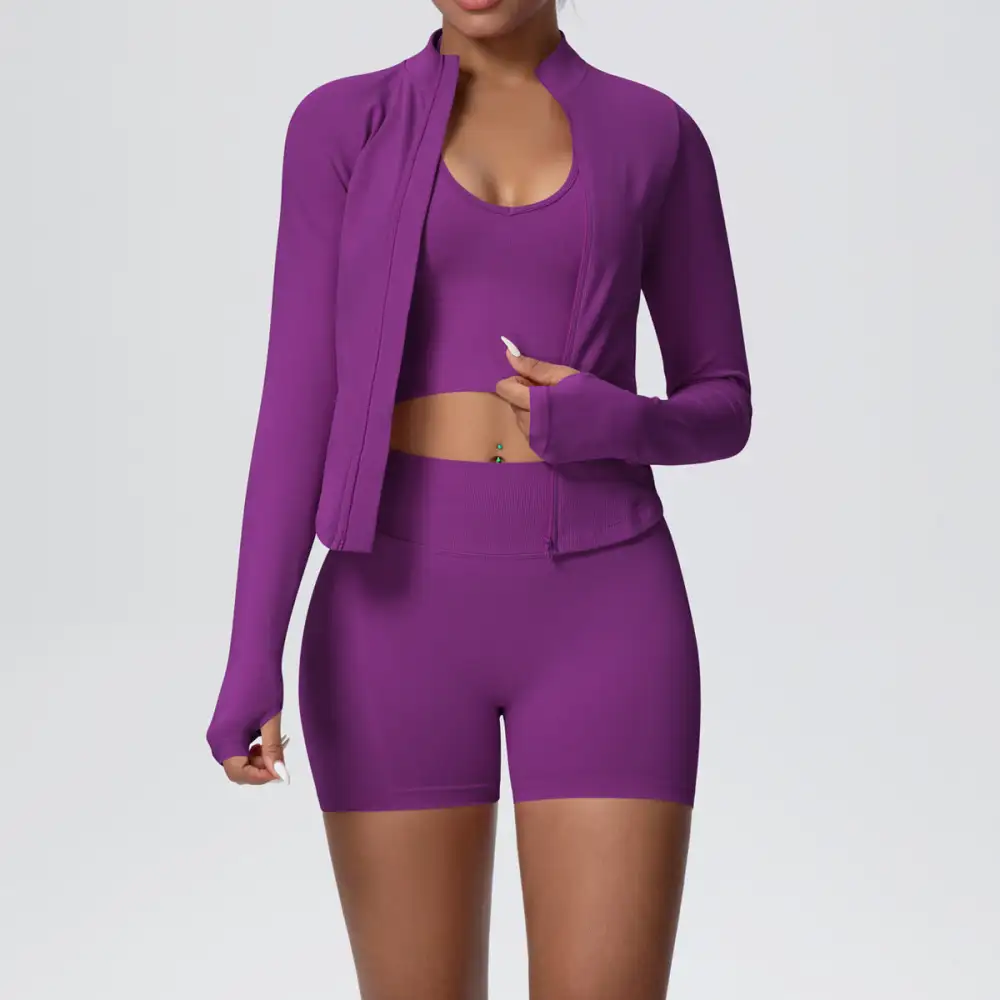 Long-Sleeve High-Waist Jacket, Bra and Vest Active Set