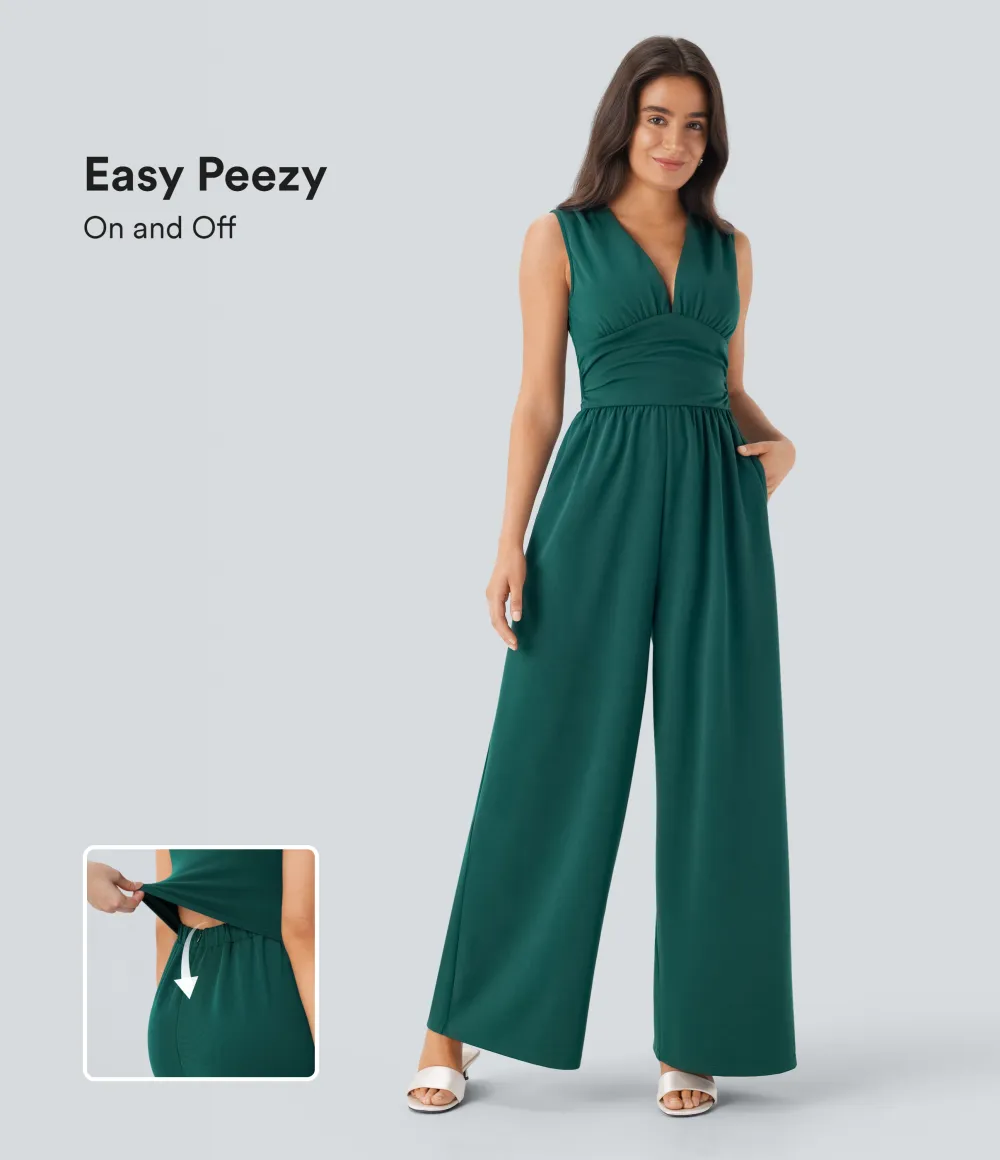 SculptKnit V Neck Sleeveless Ruched Pocket Jumpsuit-Easy Peezy