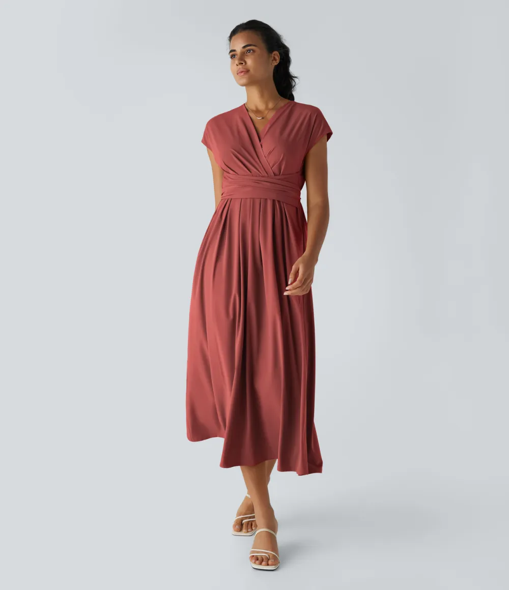 Breezeful V Neck Short Sleeve Side Pocket Tie Back Quick Dry Midi Casual Dress