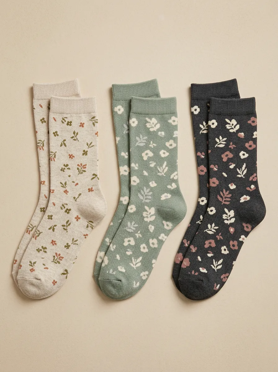Women's Floral Leaf Knit Crew Socks Three Pair Set