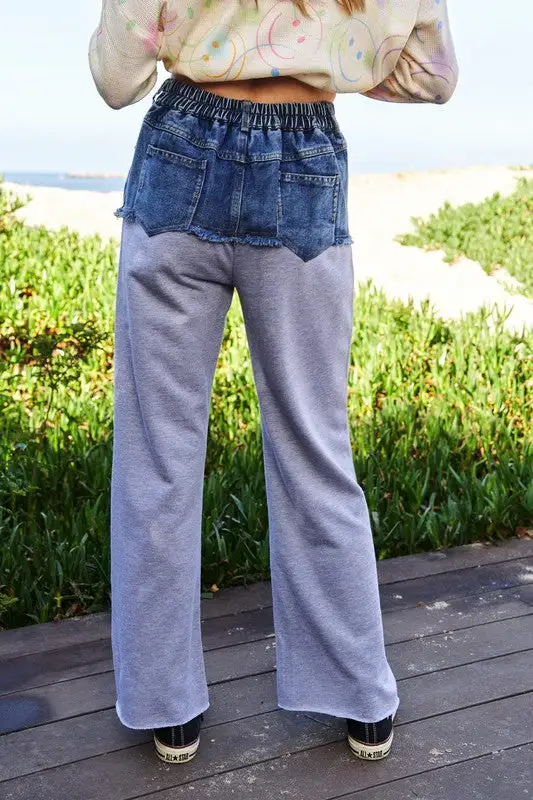 Raw Hem Patchwork Wide Leg Denim Pants