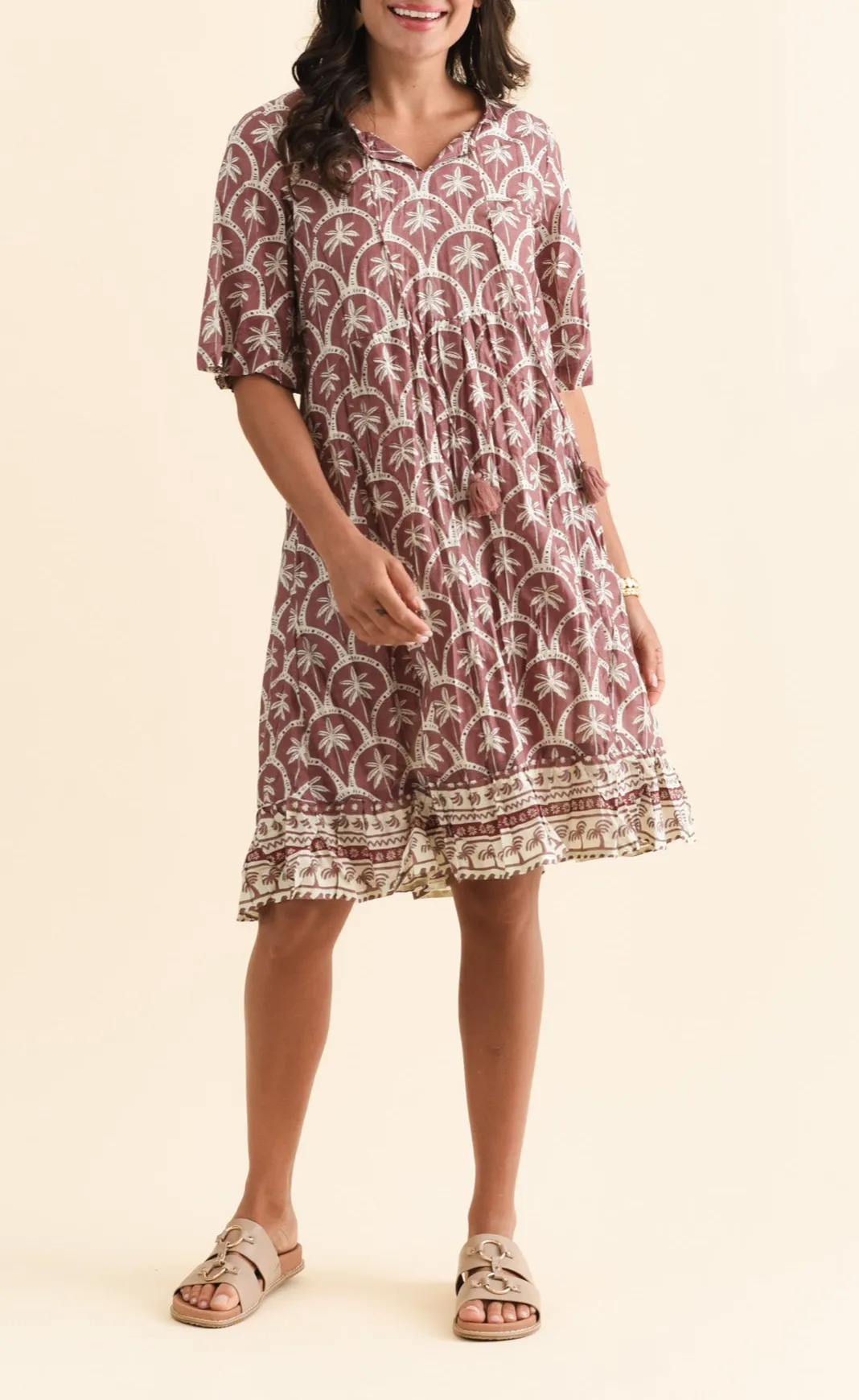 Knee-Length Geometric Cotton Gathered Pocket Ruffle V-Neck Dress