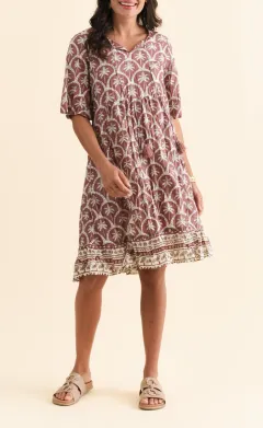 Knee-Length Geometric Cotton Gathered Pocket Ruffle V-Neck Dress