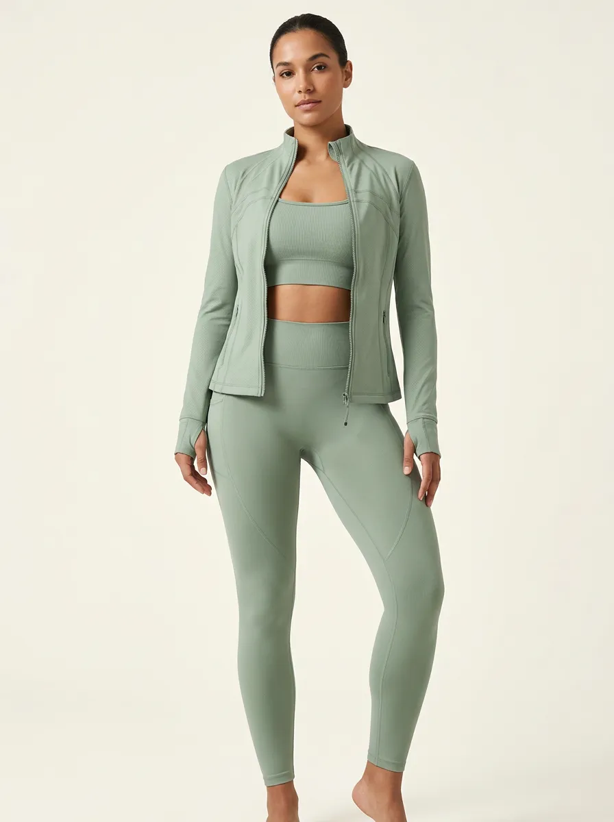 Performance-Inspired Ribbed Texture Zip Detail Activewear Women's Three Piece Activewear Set