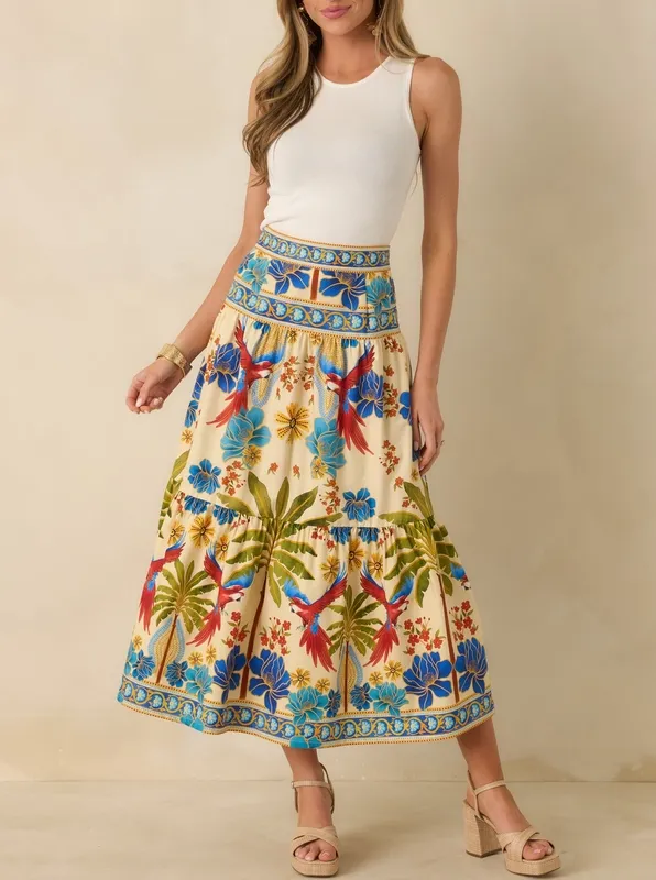 Multi Print Tiered Maxi Skirt