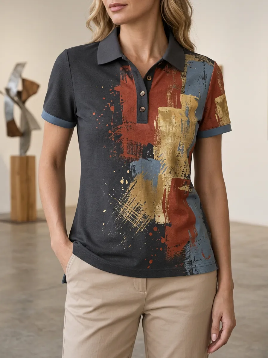 Women's Casual Abstract Brushstroke Art Polo Shirt