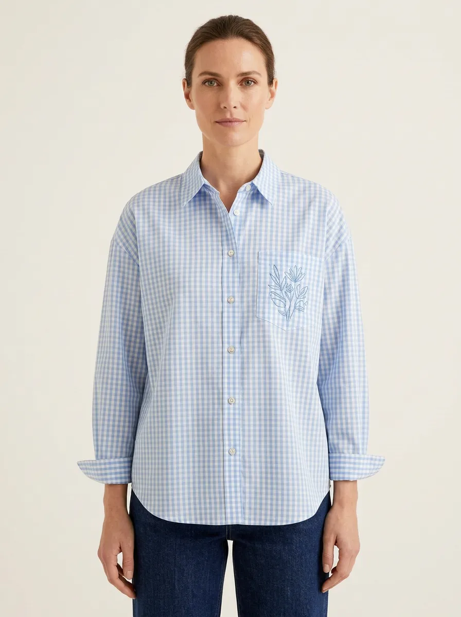 Women's Floral Nature Lover Blue Gingham Printed Shirt