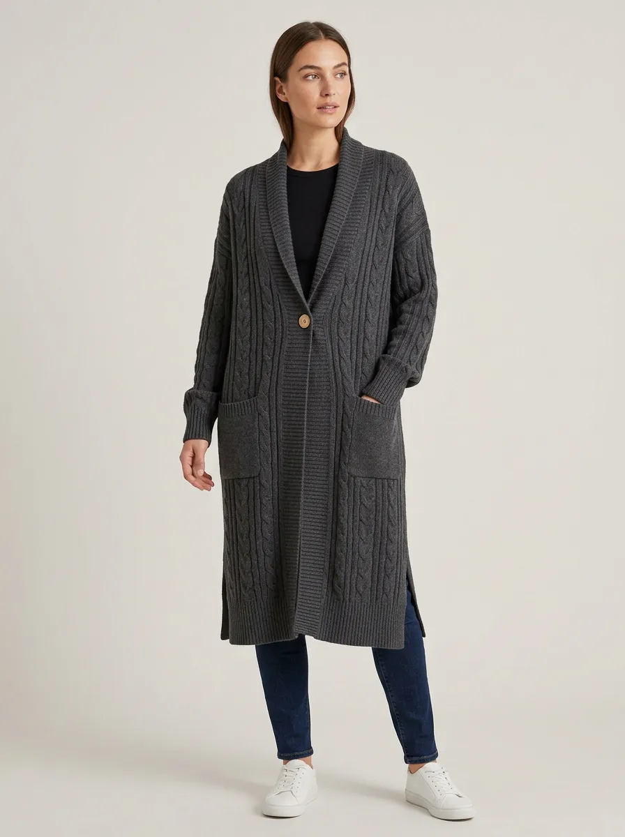 Women's Classic Cable Knit Long Knit Cardigan