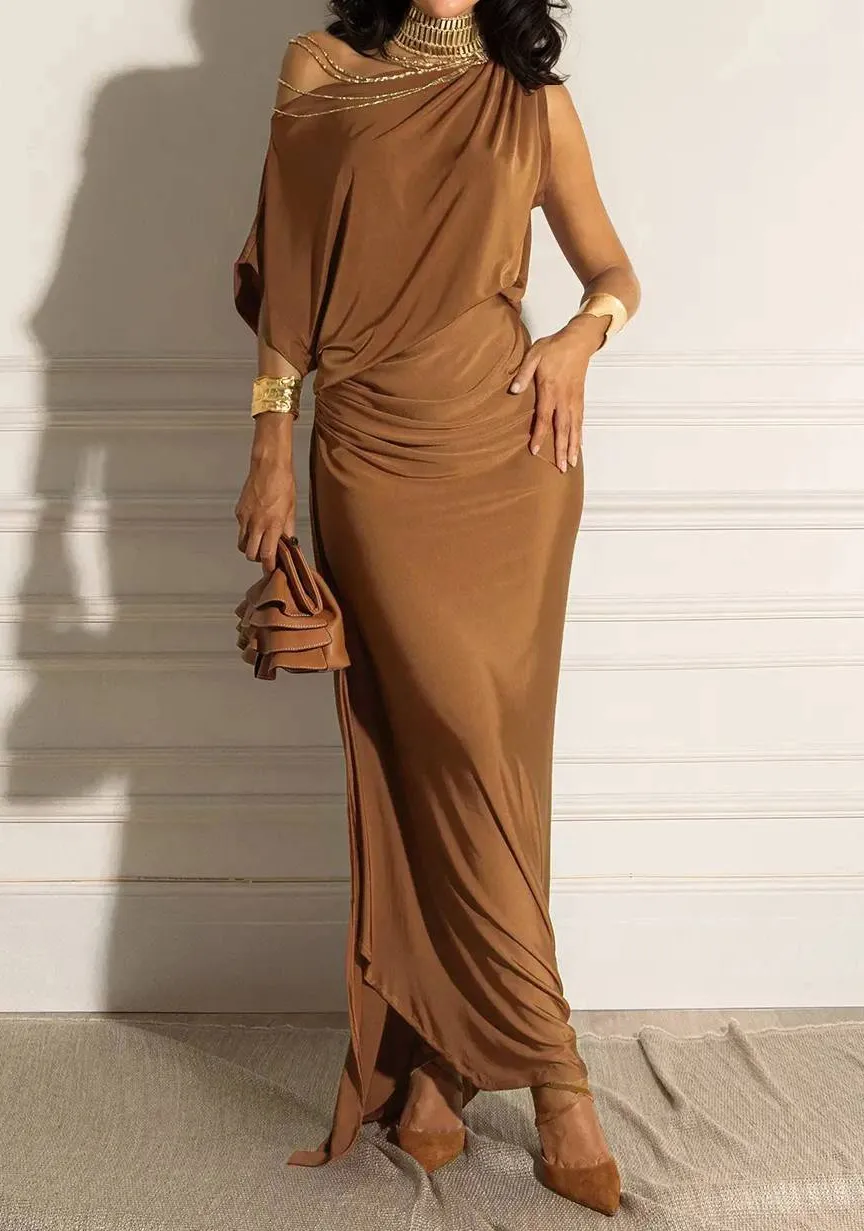 Oblique Collar Off Shoulder Maxi Dress