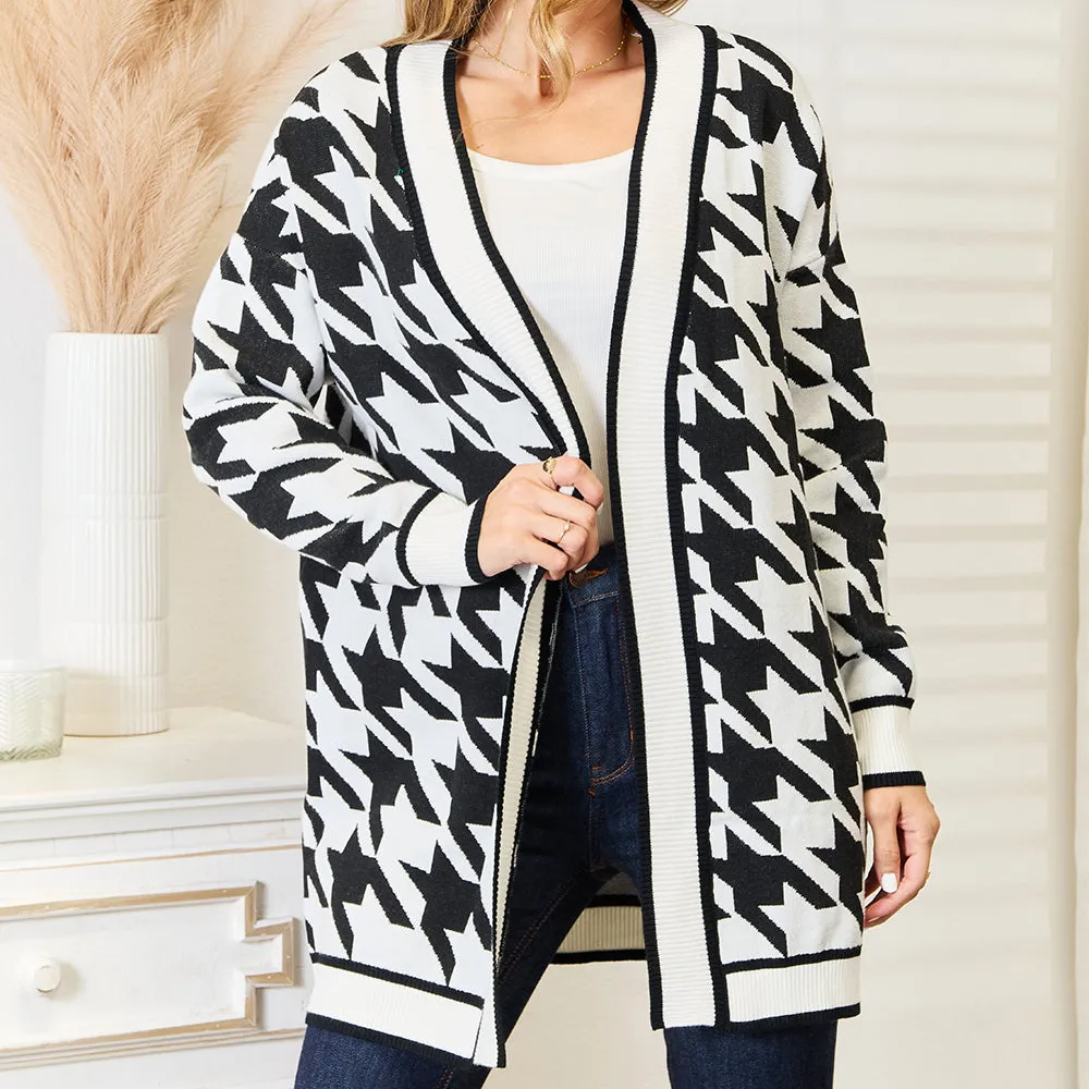 Houndstooth Open Front Longline Knit Cardigan