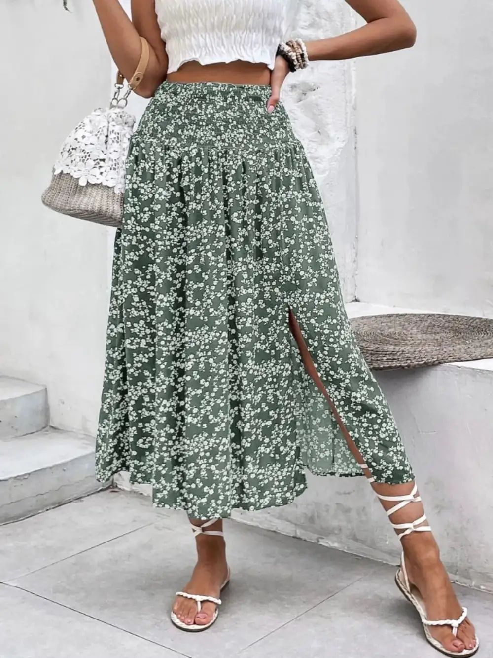 Relaxed Smocked Printed Skirt