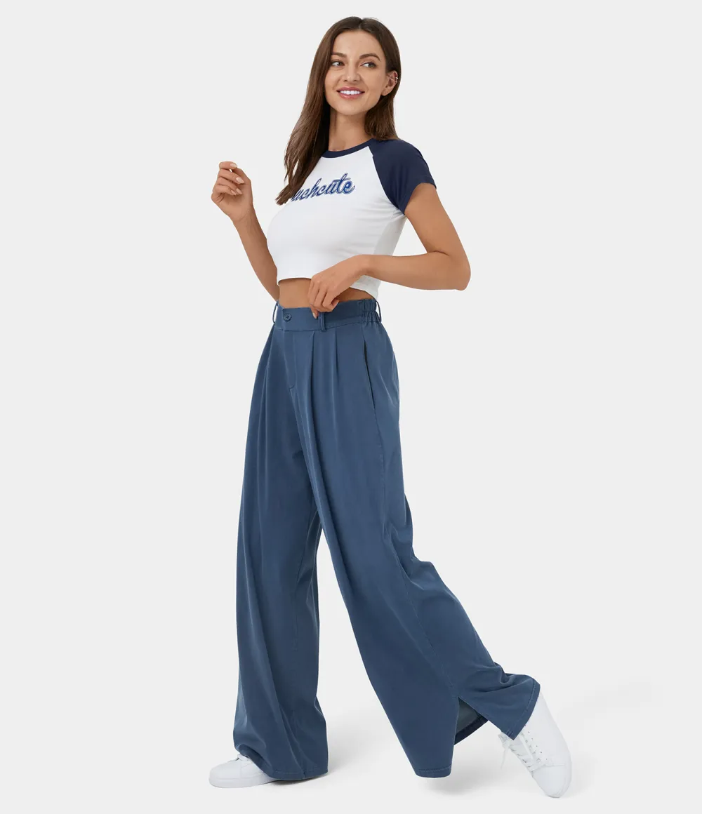 High Waisted Button Zipper Plicated Side Pocket Split Hem Wide Leg Casual Pants