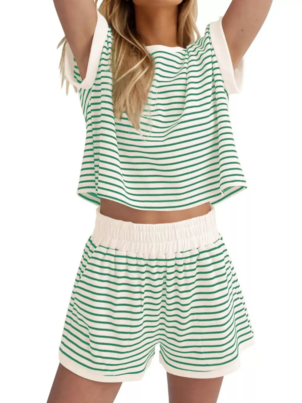 Striped Round Neck Top and Shorts Set