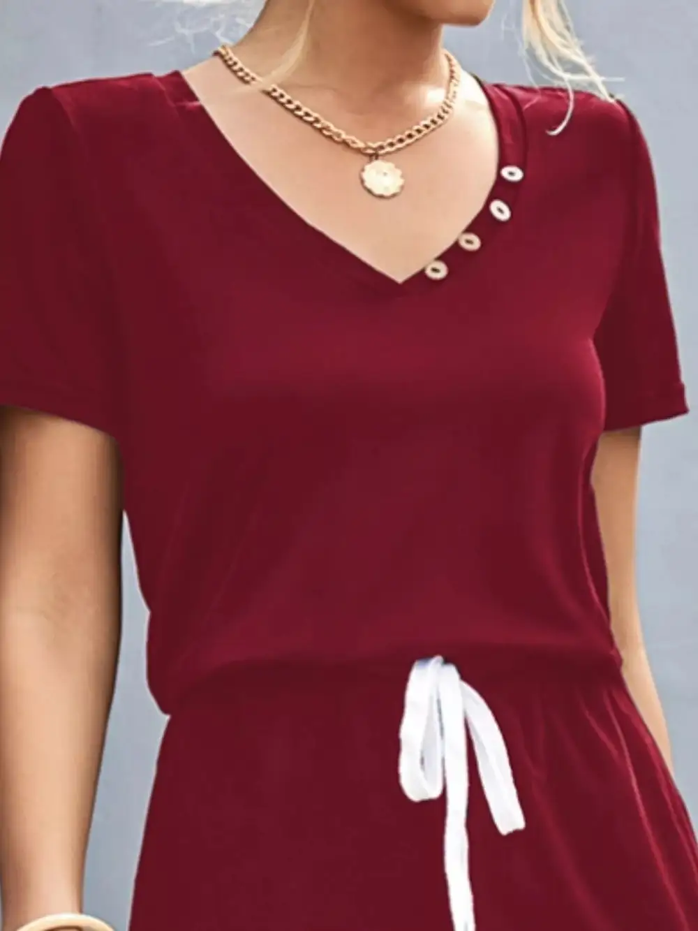 Casual V Neck Short Sleeve Drawstring Shorts