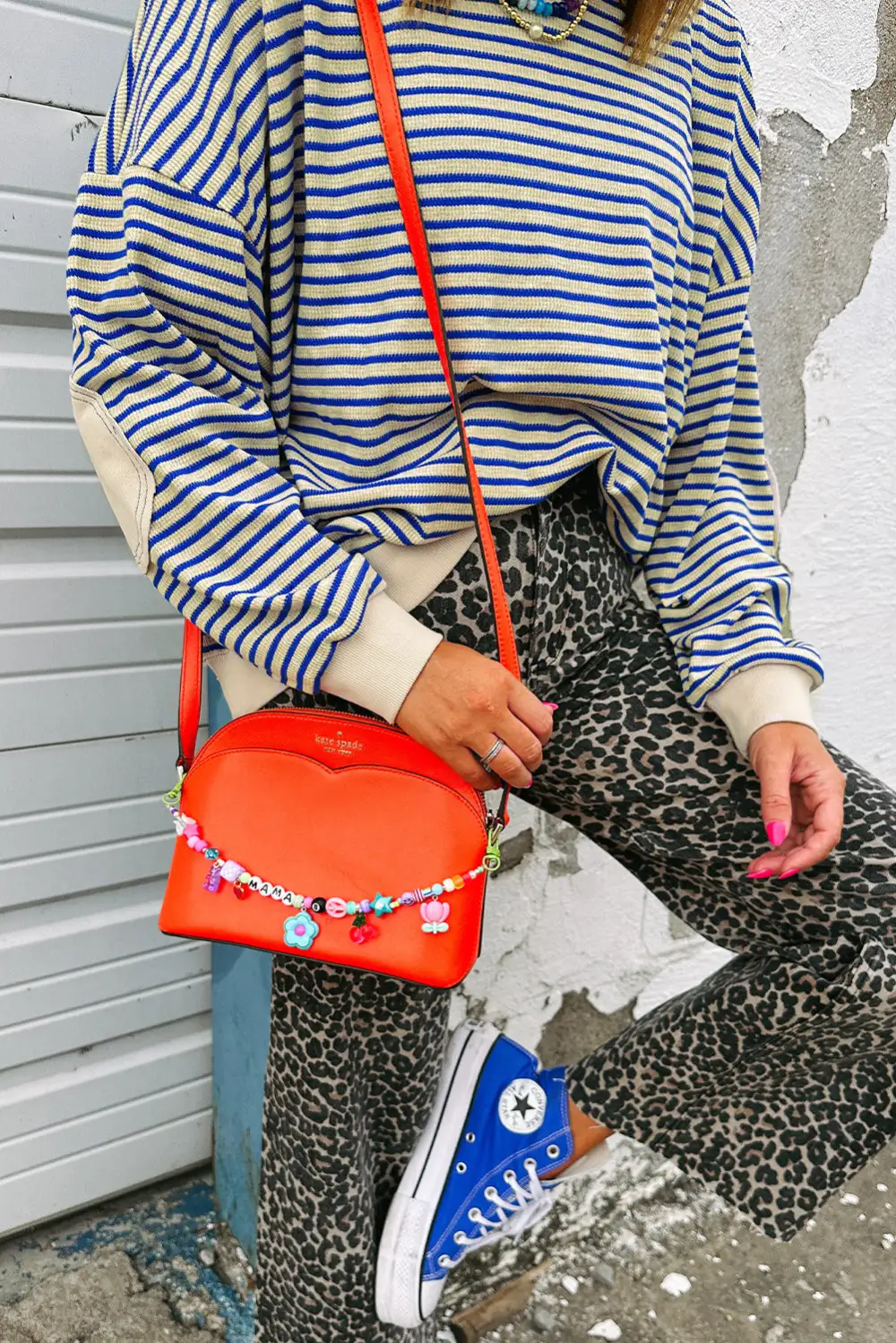 Striped Bow Accent Patchwork Crewneck Sweatshirt