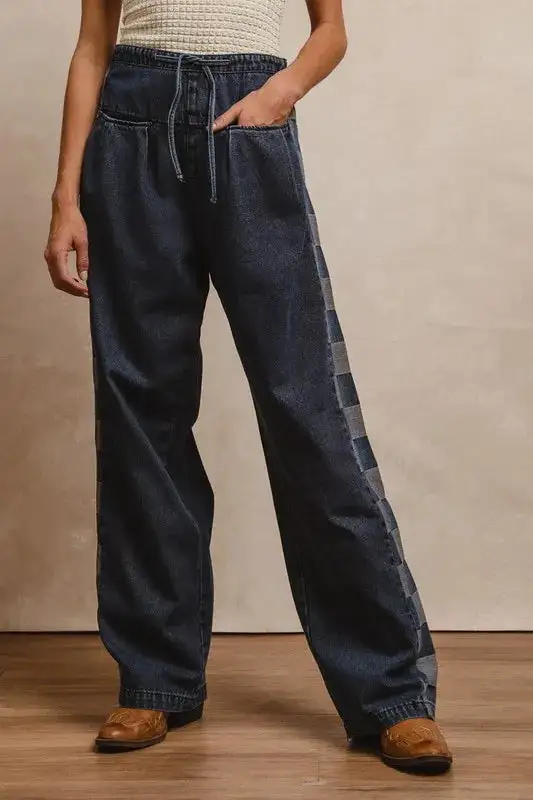 Denim High Rise Wide Leg Drawstring Jeans
