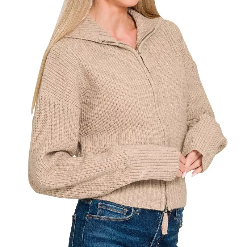 Cropped Zip Up Ribbed Knit Cardigan
