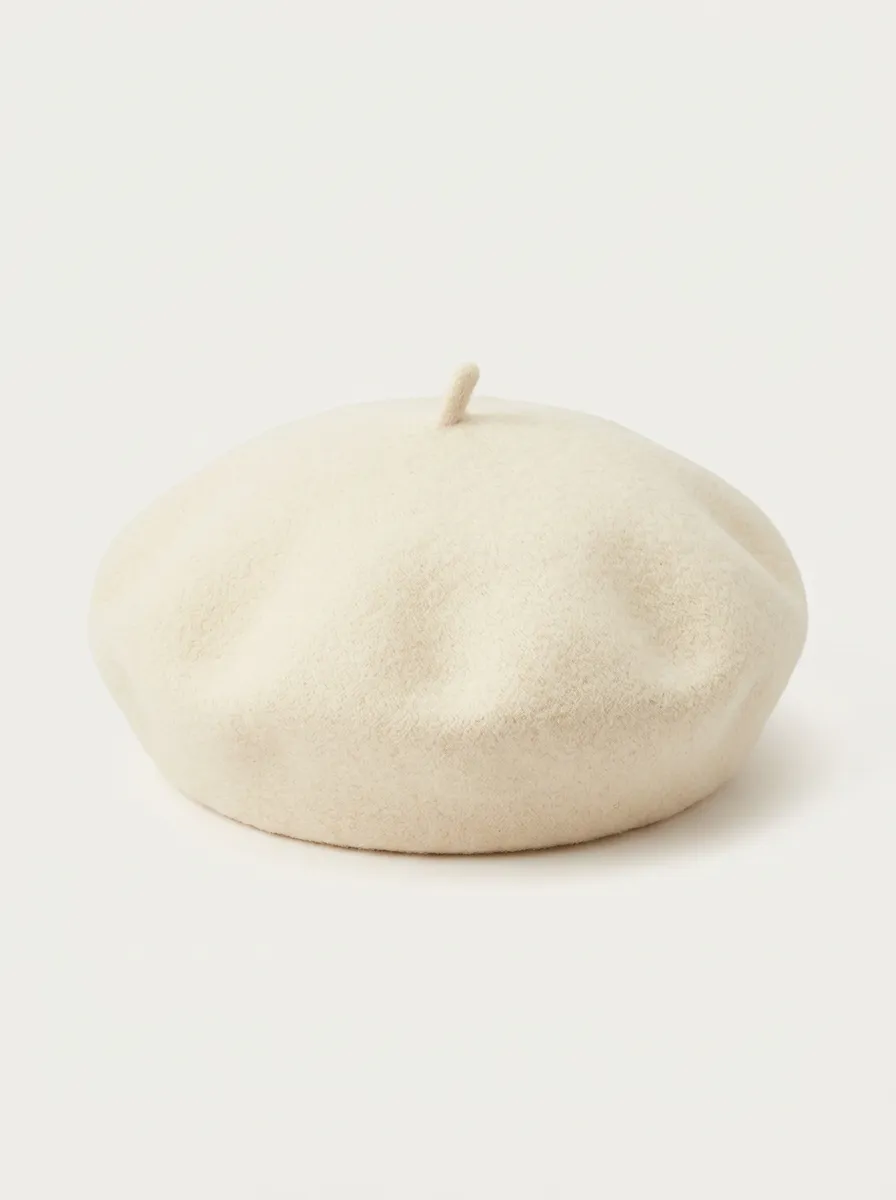 Unisex Minimalist Cream Wool-Blend Beret