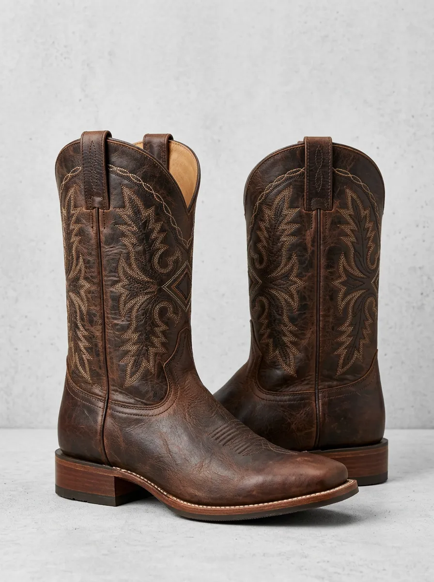Heritage Embroidered Distressed Leather-Look Country Style Men's Western Cowboy Boots