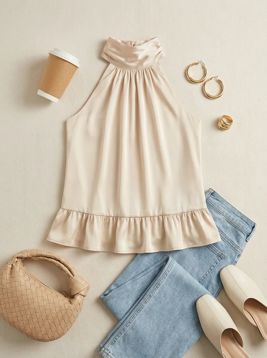 Satin Halter Neck Ruffle Hem Top