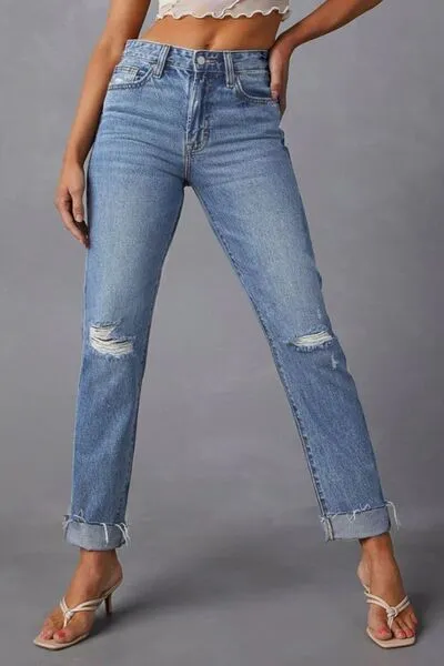 Raw-Hem Distressed Washed Pocketed Straight Leg Jeans