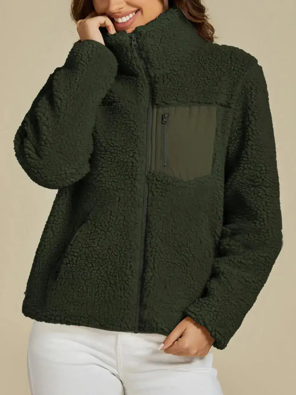 Plush Zip Front Pocketed Casual Jacket