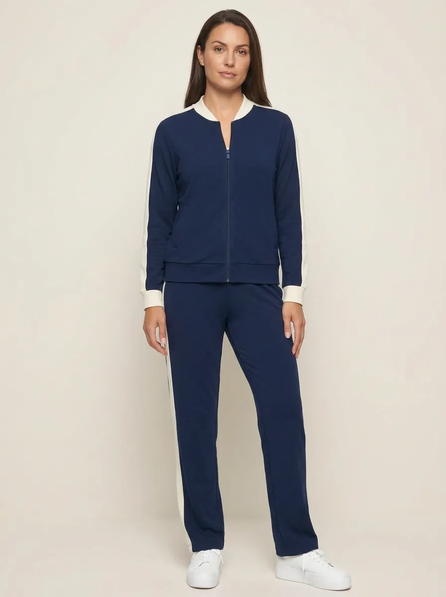 Women's Navy & Cream Side-Stripe Track Jacket and Pants Set