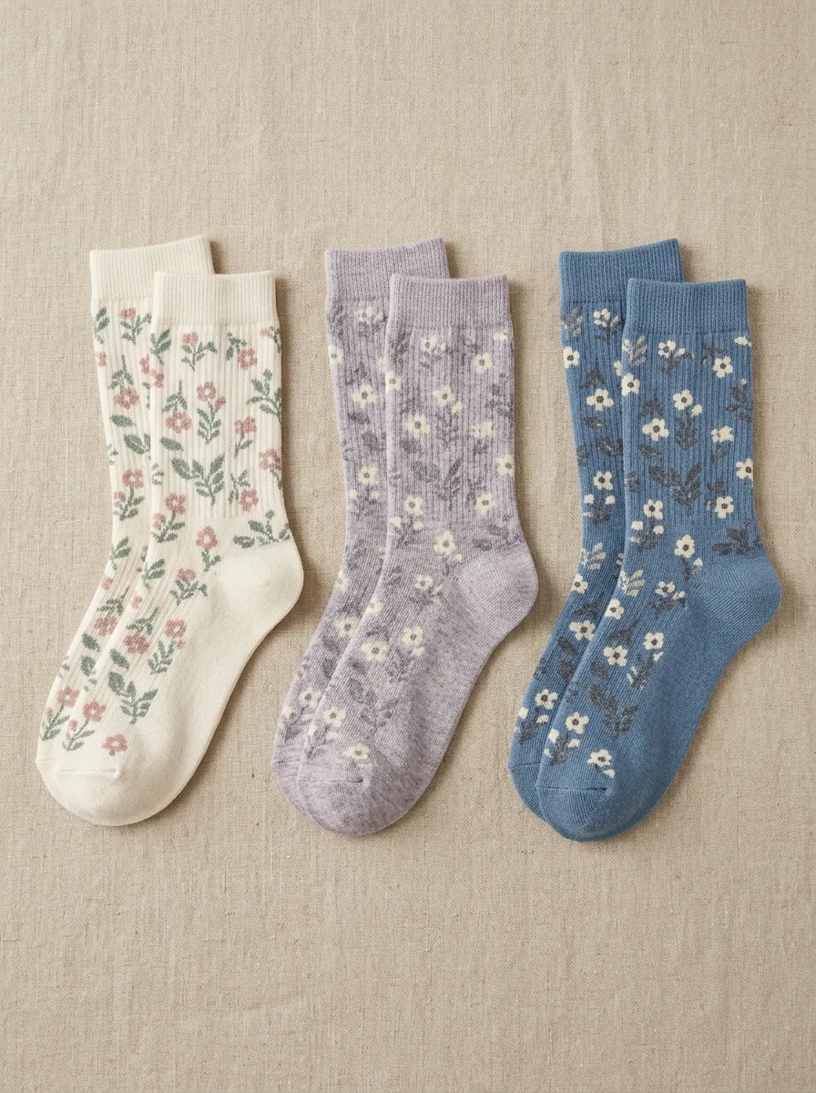 Women's Three-Pair Vintage Floral Botanical Ribbed Crew Sock Set