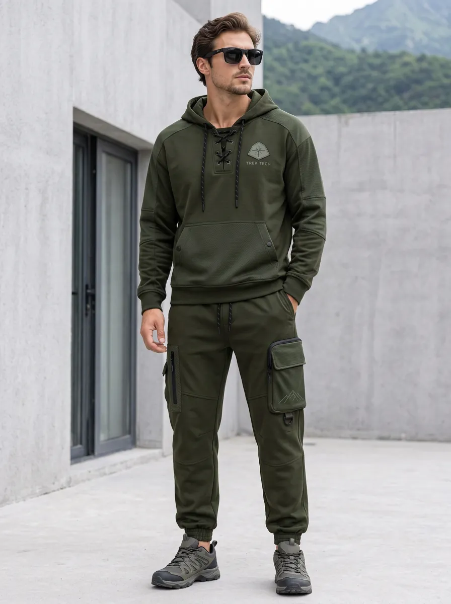 Urban Lace-Up Graphic Print Active Look Men's Lace Up Hoodie And Cargo Jogger Set