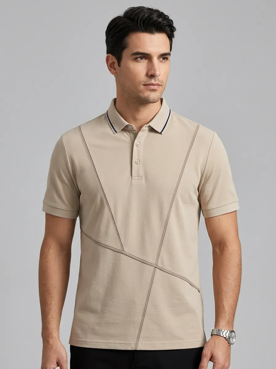 Men's Geometric Panel Khaki Printed Polo Shirt