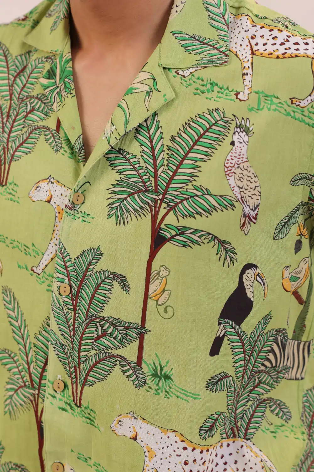 Green Jungle Print Mulmul Cotton Camp Collar Shirt