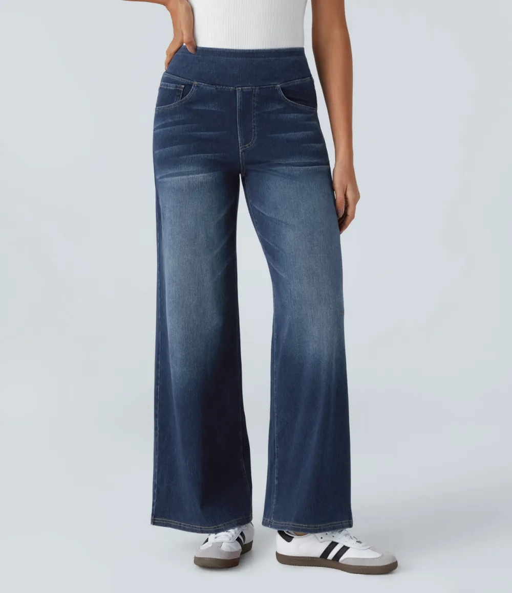 Magic High Waisted Multiple Pockets Wide Leg Washed Stretchy Knit Casual Jeans