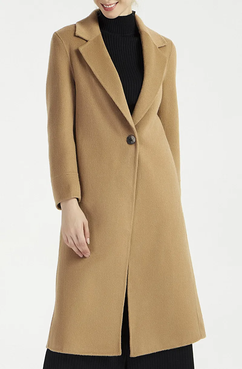 Wool Blend Tailored Single Breasted Lapel Collar Long Coat